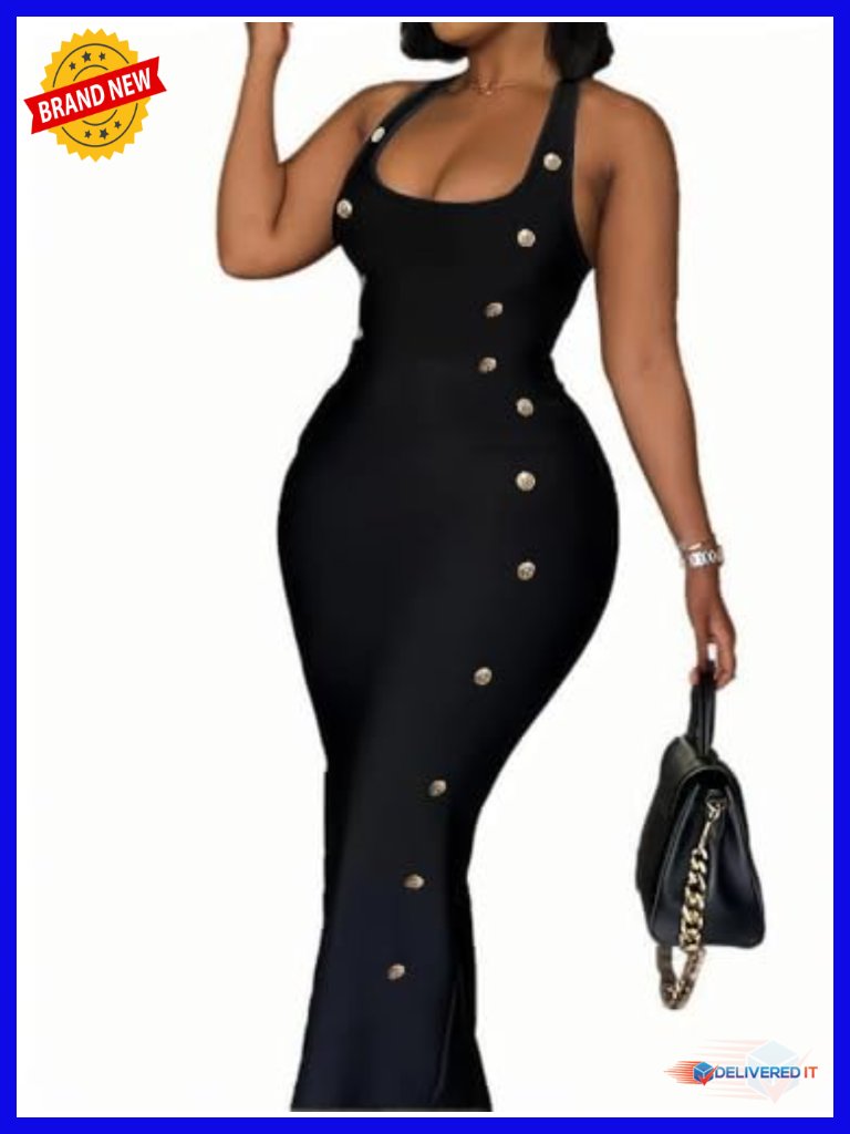 Gold Button Bodycon Maxi Dress Sleeveless Party Club Evening Dress